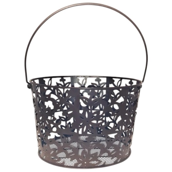 Elegant Brown Metal Floral Mesh Garden or Home Decor Basket With Handle - Picture 1 of 4